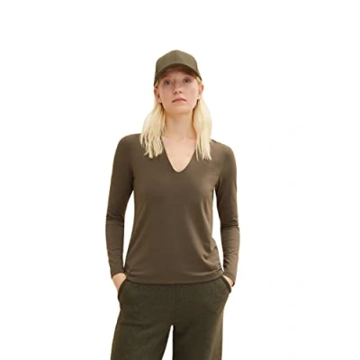 Abbildung von TOM TAILOR Damen Basic Langarmshirt 1034153, 18123 Tarmac Khaki, XXS