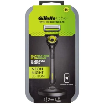 Abbildung von Gillette LABS Rasierer für Herren, mit 2 Ersatzklingen, Magnetbasis und integrierter Stange, beseitigt Hautunreinheiten, einfache Rasur, optimaler Komfort, Reisetasche, Schwarz Grün, Geschenkidee