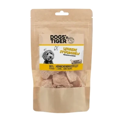 Abbildung von Dogs&#039;n Tiger Leckere Stückchen Hundeleckerlis aus 99% Fleisch + 1% Leinsamenöl Hundesnack ohne Zucker, Getreide &amp; künstliche Aromen (gefriergetrocknete Hähnchenbrustfilet 4 x 80 g)