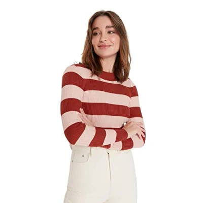 Abbildung von Trendyol Damen ECU Gestreifter Crop Strickwaren Pullover Sweatshirt, Orange, Large