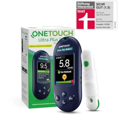 Abbildung von OneTouch Ultra Plus Reflect Blutzucker Messgerät (mmol/l) I Diabetes Testset (Zucker Krankheit) 1 + 10 Teststreifen Stechhilfe Lanzetten Im Etui (inkl. Batterien)