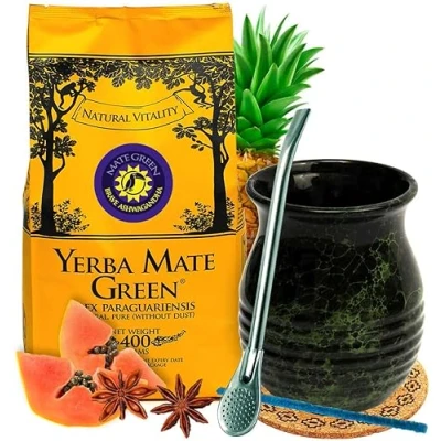 Abbildung von Yerba mate tee Starter BRAVE Set Brasilian Ashwagandha mit Krauter Keramik tasse Roches becher Stahl Trinkhalm Bombilla loose leaf 400g