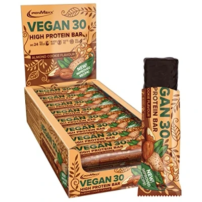 Abbildung von IronMaxx Vegan 30 Proteinriegel Almond Cookie Flavour 24 x 35g Veganer High Protein Eiweißriegel zuckerarm, sojafrei und palmölfrei
