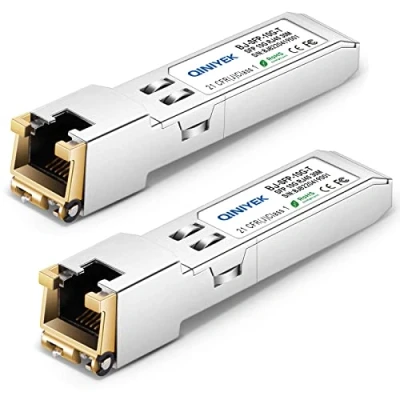 Abbildung von QINIYEK (2 Stück) 10GBase T SFP+ Module, 10G RJ45 Kupfer Transceiver, kompatibel für Cisco SFP TS, Ubiquiti UniFi UF 10G, Netgear AXM765, Mikrotik, Fortinet, Supermicro, bis zu 30 m