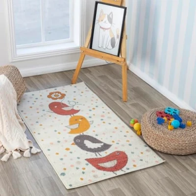 Abbildung von Surya Vögel Kinderteppich Cartoon Teppich Kinderzimmer oder Babyzimmer, Kinderzimmerteppich, Krabbelteppich Spielteppich Baby für Jungen &amp; Mädchen, Elfenbein, Mehrfarbig 80x150cm