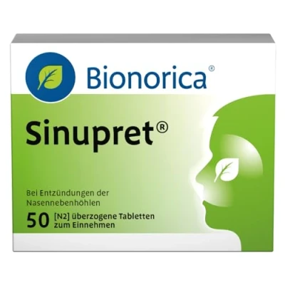 Abbildung von Sinupret überzogene Tabletten Stark bei Nasennebenhöhlenentzündung mit Schnupfen. Löst den Schleim, öffnet die Nase und befreit Kopf, für Kinder ab 6 Jahren Erwachsene, 50 St