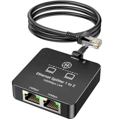 Abbildung von KiWiBiRD LAN Splitter 1 auf 2, Ethernet Netzwerk Verteiler Mini Switch 1000Mbps 2 Port RJ45 mit Cat 6 Kabel Kompatible Router Set Top Box PC Laptop, PS5 PS4 Xbox, Digital TV Stick, 8 7 5e 5