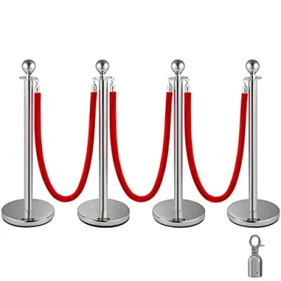 Abbildung von VEVOR Edelstahl Absperrpfosten Seil Abgrenzungsständer Kugelkopf 3 Rote Samtseile Silberne Säule 4 Packung Crowd Control Barriers