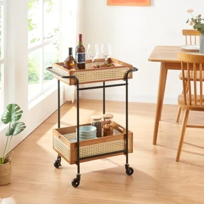 Abbildung von [en.casa] Servierwagen Tervola Rollwagen mit 2 Körben Küchenwagen Bambus Metallrahmen Küchenrollwagen 81 x 61 39 cm Beistellwagen für Badezimmer in Rattanoptik