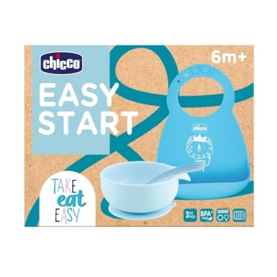 Abbildung von Chicco Silikon Baby Ernährungsset rutschfest, 3 teiliges Weaning Set mit steifem Easy Roll Lätzchen, Bowl Teller und Löffel, 6M+, blau, BPA frei
