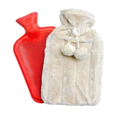 Abbildung von Wärmflasche. Wärmflasche mit Bezug. Wärmbeutel für Rücken, Lendenwirbelsäule, Bauch, Hände (1,6L). Weicher Plüschbezug Pompons, Waschbare und Abnehmbare Bezüge.