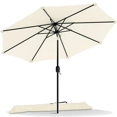 Abbildung von VOUNOT Sonnenschirm 270 cm mit Kurbelvorrichtung, Knickbar, Sonnenschutz UV Schutz, Balkonschirm Gartenschirm Marktschirm Schutzhülle, Beige