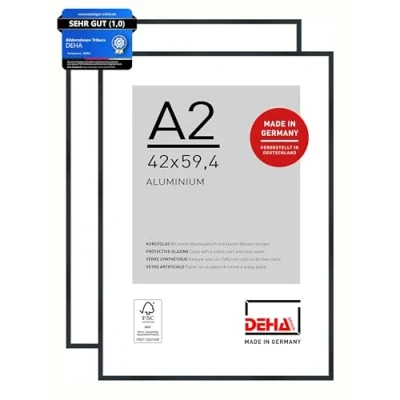 Abbildung von DEHA Design Bilderrahmen, 42 x 59,4 cm (A2) (2er Set), Aluminium, Schwarz matt, Posterrahmen zum Aufhängen im Hoch &amp; Querformat, bruchsicheres Kunstglas, Tribeca