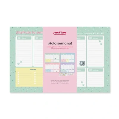 Abbildung von Miquelrius Back2Fun Wochenplaner, Querformat, Größe 340 x 220 mm, zeitloser Planer A4 Plus, geleimt, 40 Blatt, 4 Seitenlayouts, 1 Seite Sticker, Papier 90 g/m², Spanisch