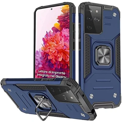 Abbildung von KANSi Hülle kompatibel für Samsung Galaxy S21 Ultra 5G, Silikon TPU Hart PC Handy Hüllen 360 Grad Drehbar Ringhalter Bumper Stoßdämpfung Schutzhülle 5G Blau