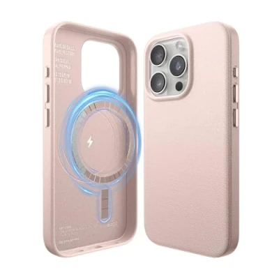 Abbildung von elago Magnetische Lederhülle Kompatibel mit iPhone 15 Pro Hülle, MagSafe, Premium Veganes PU Leder, Integrierte Starke Magnete, Rundumschutz [5 Lagen Struktur] (Lovely Rosa)