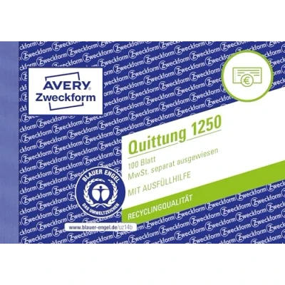 Abbildung von AVERY Zweckform 1250 Recycling Quittungsblock (A6 quer, 100 Blatt, mit Ausfüllhilfe, fälschungssicherer Dokumentendruck, für Beträge über 250 separater MwSt., DE/AT) weiß