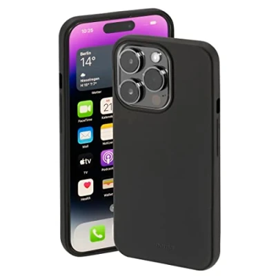 Abbildung von Hama Hülle für Apple iPhone 14 Pro Max (Handyhülle schützt vor Stößen, Kratzern und Schmutz, Schutzhülle ermöglicht induktives Laden, seidig mattes Case aus TPU mit weichem Innenfutter) schwarz
