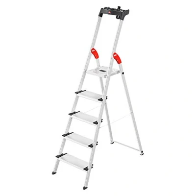 Abbildung von Hailo L80 ComfortLine Alu Sicherheits Stehleiter 5 XXL Stufen belastbar bis 150 kg Tiefe Standfläche mit Ablage klappbare Aluleiter Made in Germany Leiter rostfrei Silber