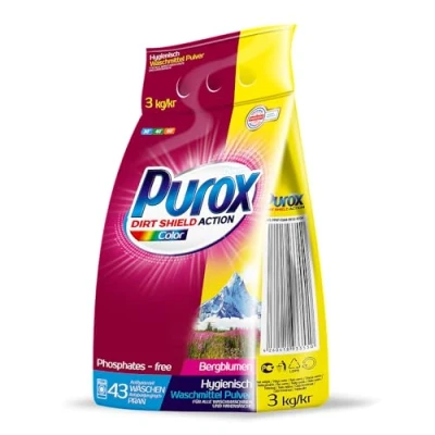 Abbildung von PUROX COLOR Waschpulver im Foliensack (43 Waschladungen) Waschmittel für farbige Textilien, entfernt Flecken, umweltfreundlich, schutz vor Kalkablagerungen, 3 kg