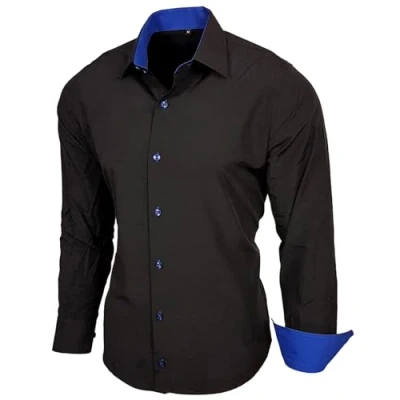 Abbildung von Baxboy Herren Hemd Slim Fit Bügelleicht für Anzug, Business, Hochzeit, Freizeit Langarm Hemden Männer Langarmhemd R 44, Farbe:Schwarz/Sax, Größe:M