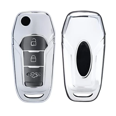 Abbildung von kwmobile Autoschlüssel Hülle kompatibel mit Ford 3 Tasten MyKey Klapp TPU Schutzhülle Schlüsselhülle Cover in Hochglanz Silber