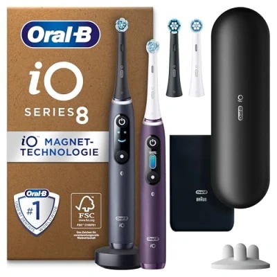 Abbildung von Oral B Elektrische Zahnbürste iO Series 8 Plus Edition Doppelpack (Black/violet), Aufsteckbürsten: 3 St., 2er Set, Fortschrittliche Technologie, Andruckkontrolle, Reiseetui