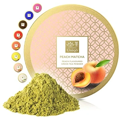 Abbildung von Tea Uniqo Peach Matcha Pulver Ideal für Eis, Latte, Shakes, zum Backen, Kochen oder pur Trinken Grüntee mit Pfirsich Geschmack, 100% natürlich in wiederverschließbarer Dose