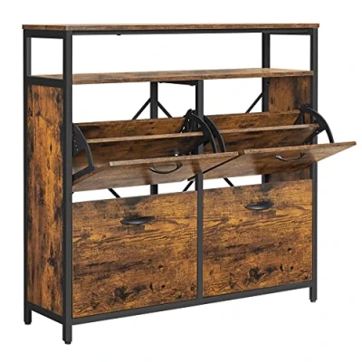Abbildung von VASAGLE Schuhschrank, schmales Schuhregal, Schuhkipper mit 4 Klappen, für 12 20 Paar Schuhe, platzsparend, staubdicht, 30 x 98,3 95 cm, Flur, vintagebraun schwarz LBS803B01