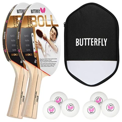 Abbildung von Butterfly 2x Timo Boll Bronze 85010 Tischtennisschläger + Hülle 6x 3*** Bälle