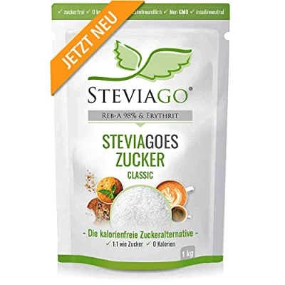 Abbildung von STEVIAGOES Zucker (Classic) der 1:1 Zuckerersatz aus Erythrit+Stevia (98% Reb A), 0 Kalorien, vegan, geeignet für Keto Diät und Low Carb Diät, 1kg, Beutel