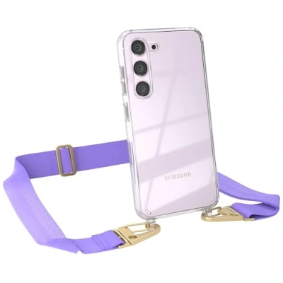 Abbildung von EAZY CASE Hülle mit Band kompatibel Samsung Galaxy S23 Handyhülle Umhängeband für Silikonhülle Transparent Schutzhülle Handykette zum Umhängen Handykordel Smartphone in Lila Gold