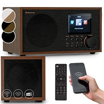 Abbildung von Auna Radio, Tragbares Internetradio, DAB Radio mit Bluetooth, DAB/DAB+/FM Stereo Lautsprecher, Küchenradio HCC Display, Digitalradio Klein, Plus Fernbedienung Holz Silber