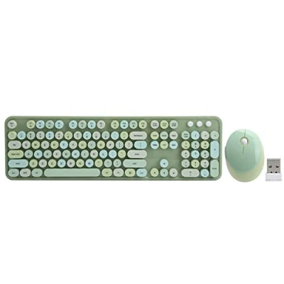 Abbildung von Set aus kabelloser Tastatur und Maus, leise, langlebig, ergonomisch, diskret, 104 Tasten im Retro Stil, abgerundet, mit USB Empfänger, Pastellgrün, für Windows XP/Win7/Win8/Win10