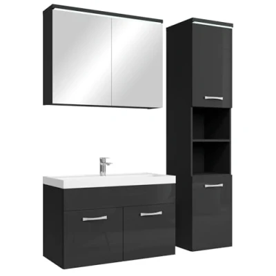 Abbildung von Badezimmer Badmöbel Set Paso LED 80cm Waschbecken Hochglanz Schwarz Fronten Unterschrank Hochschrank Spiegelschrank