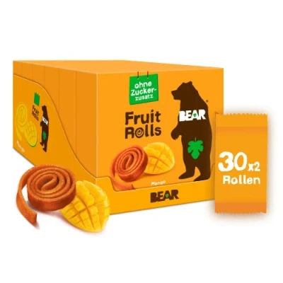Abbildung von BEAR Fruchtrollen Mango 100% Natürliche Inhaltsstoffe Ohne Zusatz von Zucker Gesunder Snack für Kinder &amp; Erwachsene 30 Beutel x 20g 600g