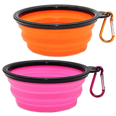 Abbildung von zusammenklappbarer Hundenapf, Wassernapf für Hunde und Katzen, tragbarer Futternapf Haustiere, Bewässerungsschale, Hundenapf mit Karabiner (klein, rosa + orange)