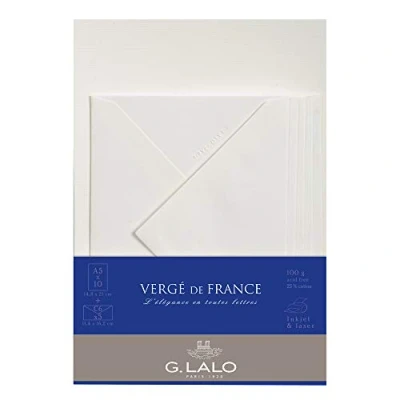 Abbildung von G. Lalo 61400L Korrespondenz Set Vergé de France (mit 5 Blatt DIN A5, 14,8 x 21 cm, 100 g, säurefrei, gerade Kante und Umschläge, 11,4 16,2 nassklebend gefüttert) weiß