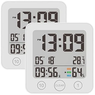 Abbildung von infactory Badezimmeruhr zum Hängen: 2er Set Badezimmer Uhr, Thermo /Hygrometer, LCD, Saugnapf, Timer, IP54 (Badezimmeruhr mit Hygrometer, Badezimmeruhren Thermometer, wasserdicht)