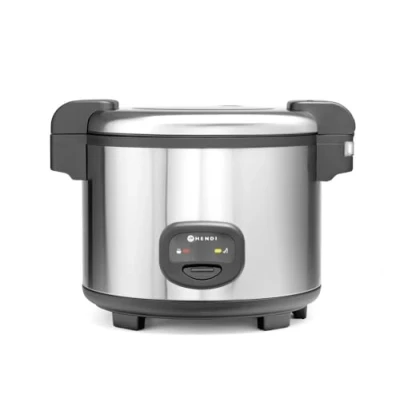 Abbildung von HENDI Reiskocher, Reishunger, Warmhaltefunktion, 30 Tassen Trockenreis, Inhalt 5,4L, Inklusive Messbecher, Reislöffel und Silikon Antihaftpolster, 230V, 1950W, 455x455x(H)380mm, Edelstahl