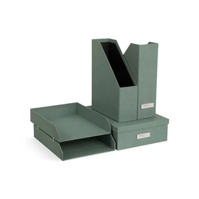 Abbildung von BIGSO Box OF SWEDEN HOLGER 5 teiliges Schreibtisch Set Ordnungssystem mit 2 Stehsammlern, Briefablagen und einer Organizer aus Faserplatte Papier in Leinenoptik mintgrün