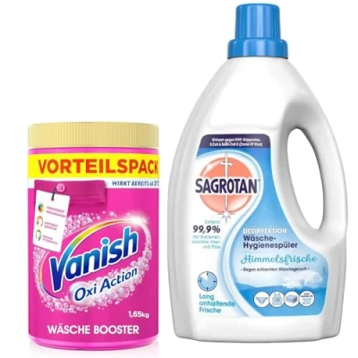 Abbildung von Sagrotan Wäsche Hygienespüler Frisch, Waschmittel Zusatz 1,5 L &amp; Vanish Oxi Action Pulver Pink 1,65 kg Fleckenentferner und Booster ohne Chlor Für bunte