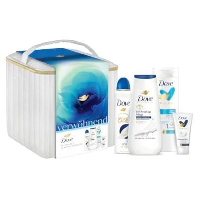 Abbildung von Dove Geschenkset &quot;Verwöhnend&quot; mit Anti Transpirant, Duschcreme, Handcreme, Body Lotion und Kosmetiktasche (150 ml + 225 400 75 ml)