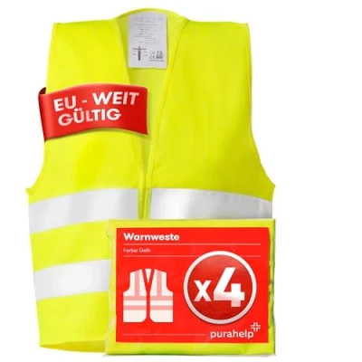 Abbildung von Purahelp Warnweste Auto Europaweit gültig nach EN ISO 20471 (Reflektierende Sicherheitsweste Gelb, 4 tlg) Warnschutzweste Sicherheitswesten