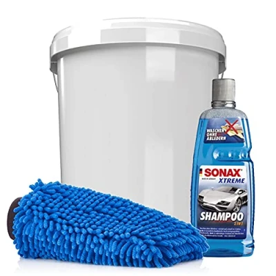 Abbildung von detailmate Auto &amp; Motorrad Wasch Set: SONAX 2in1 Shampoo 1L + Wascheimer mit passendem Deckel Mikrofaser Chenille Waschhandschuh