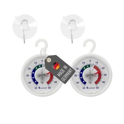 Abbildung von Lantelme 2 Stück Kühlschrankthermometer Bimetall Saugnapf und Klebepad anbei Ø 5,2cm Farbe Weiss, farbige Skala Temperatur Analog 50C bis Gefrierschrank, Kühltheke, Thermometer (2)
