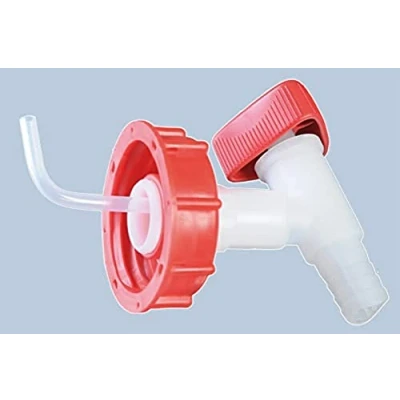 Abbildung von Hünersdorff, Ablasshahn für Kanister, Gewinde DIN60/61, Tülleanschluss 19mm beziehungsweise 3/4 Zoll, natur/rot
