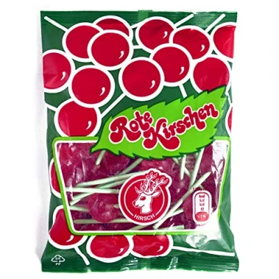 Abbildung von Rote Kirschen, Das &quot;ORIGINAL&quot; von HIRSCH, Kirschlutscher mit dem original grünen Stiel, 100g Beutel