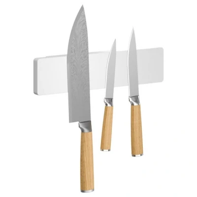 Abbildung von tesa Küchenzubehör Messer Magnetleiste selbstklebender Magnet Messerhalter für die platzsparende Aufbewahrung von Messern in der Küche mit Adapter, Wandmontage ohne Bohren Weiß