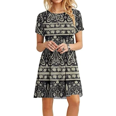 Abbildung von MOLERANI Damen Sommerkleider Casual T Shirt Kurzarm Strandkleid Loose Swing Damenkleid Boho Blumenschwarz S